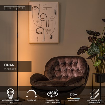 Lucide FINAN - Vloerlamp - LED Dimb. - 1x32W 2700K - Zwart